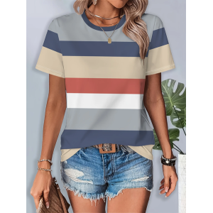 Women Striped Short Sleeve Tee T-shirt Crew Neck Printing Casual Summer Graphic Tee Top