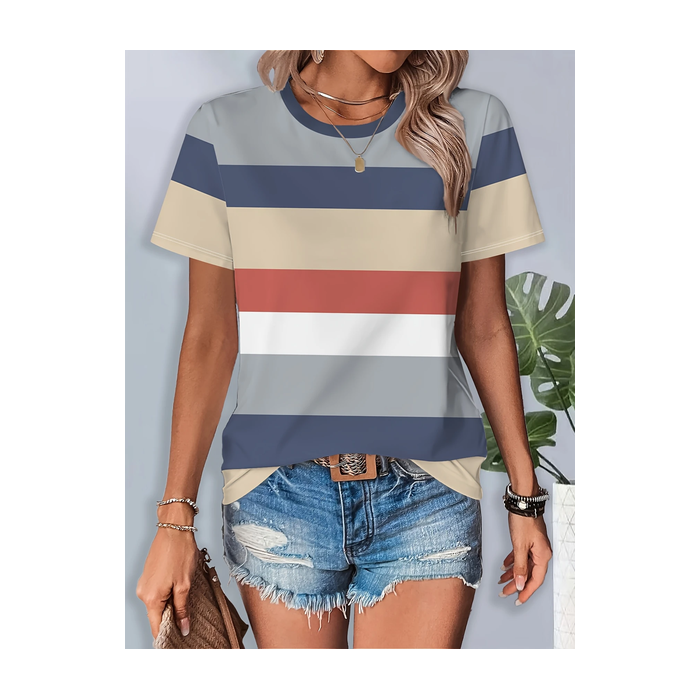 Women Striped Short Sleeve Tee T-shirt Crew Neck Printing Casual Summer Graphic Tee Top
