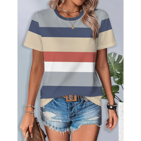 Women Striped Short Sleeve Tee T-shirt Crew Neck Printing Casual Summer Graphic Tee Top