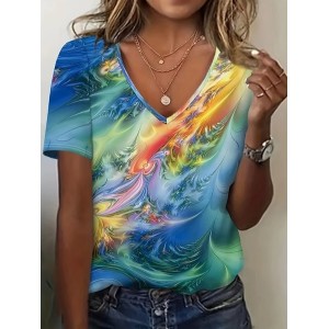 Women Abstract Short Sleeve Tee T-shirt V Neck Printing Casual Summer Graphic Tee Top