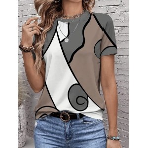 Women Abstract Short Sleeve Tee T-shirt Crew Neck Printing Casual Summer Graphic Tee Top