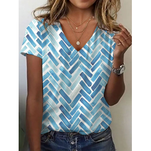 Women Geometric Short Sleeve Tee T-shirt V Neck Printing Casual Summer Graphic Tee Top