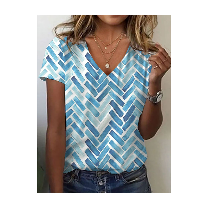 Women Geometric Short Sleeve Tee T-shirt V Neck Printing Casual Summer Graphic Tee Top