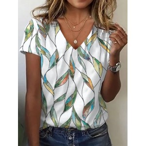 Women Floral Short Sleeve Tee T-shirt V Neck Printing Casual Summer Graphic Tee Top