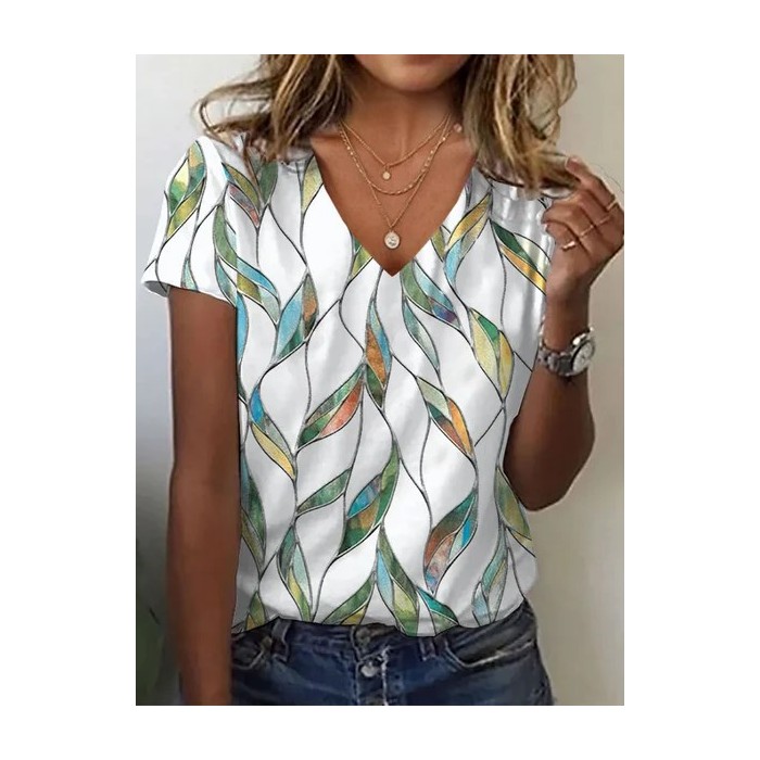 Women Floral Short Sleeve Tee T-shirt V Neck Printing Casual Summer Graphic Tee Top