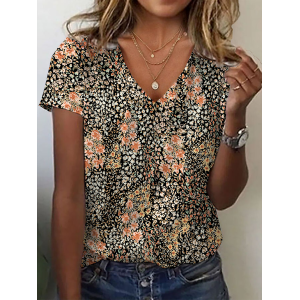 Women Floral Short Sleeve Tee T-shirt V Neck Printing Casual Summer Graphic Tee Top