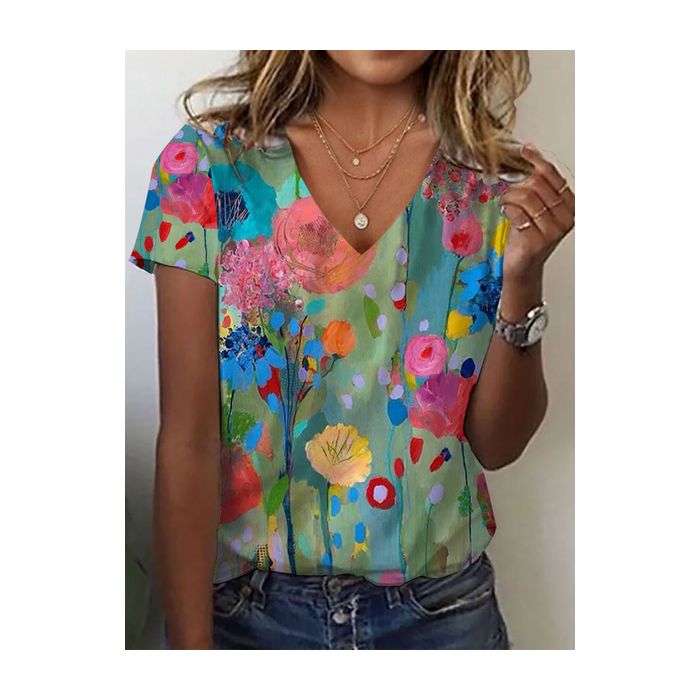 Women Floral Short Sleeve Tee T-shirt V Neck Printing Casual Summer Graphic Tee Top