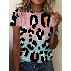 Women Leopard Short Sleeve Tee T-shirt Crew Neck Printing Casual Summer Graphic Tee Top