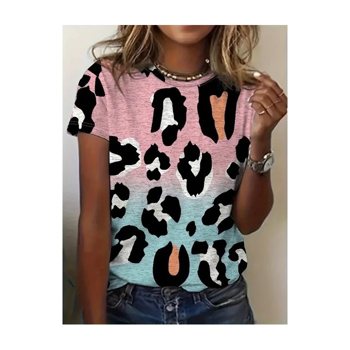 Women Leopard Short Sleeve Tee T-shirt Crew Neck Printing Casual Summer Graphic Tee Top