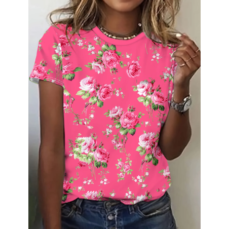Women Floral Short Sleeve Tee T-shirt Crew Neck Printing Casual Summer Graphic Tee Top