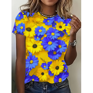 Women Floral Short Sleeve Tee T-shirt Crew Neck Printing Casual Summer Graphic Tee Top