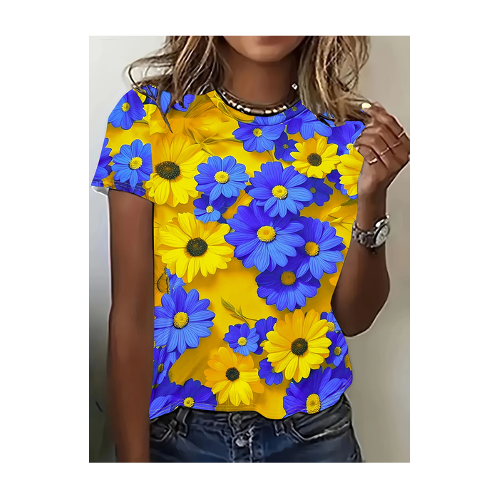 Women Floral Short Sleeve Tee T-shirt Crew Neck Printing Casual Summer Graphic Tee Top