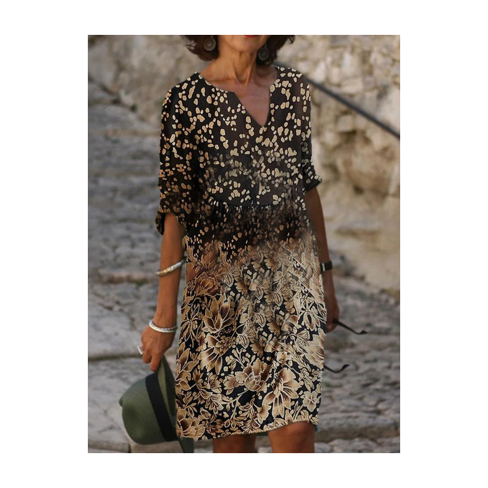 Women Floral Half Sleeve Summer Printing Dress V Neck Daily Casual Mini Shift Dress H-Line Dress