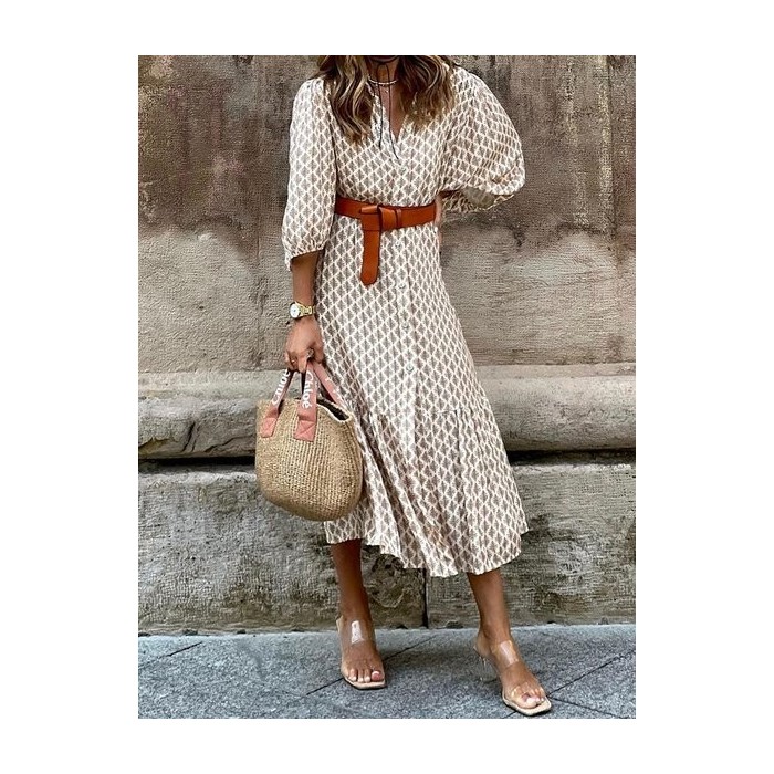 Women Geometric Short Sleeve Summer Printing Dress V Neck Puff Sleeve Daily Casual Maxi Shirt Dress A-Line Dress