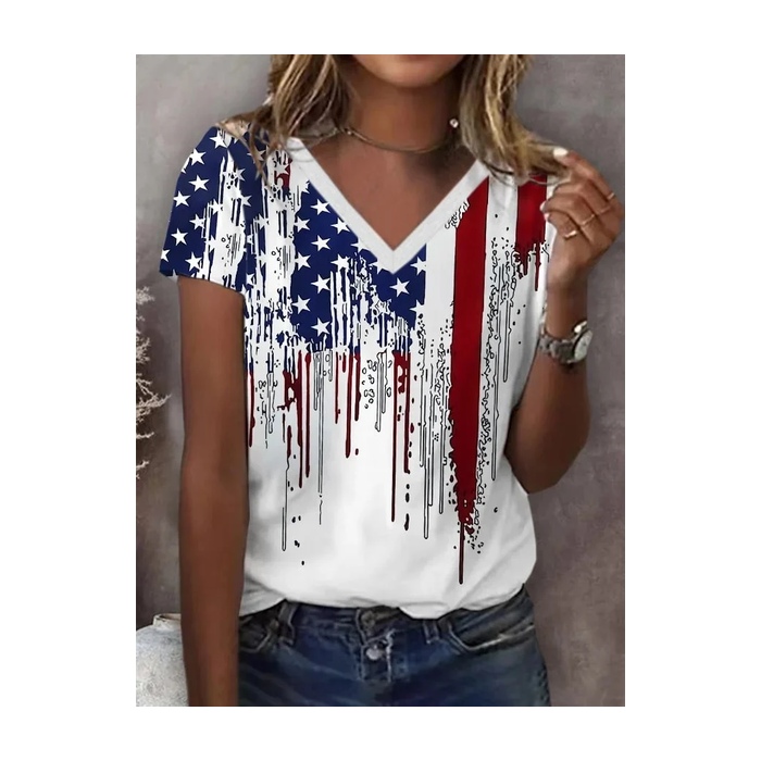 Women Independence Day (Flag) Short Sleeve Tee T-shirt V Neck Printing Casual Summer Graphic Tee Top