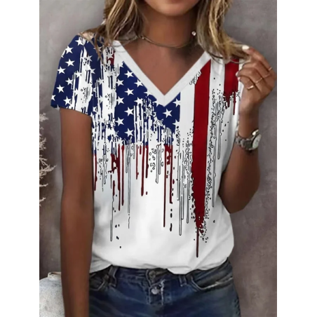 Women Independence Day (Flag) Short Sleeve Tee T-shirt V Neck Printing Casual Summer Graphic Tee Top