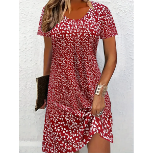 Women Ditsy Floral Short Sleeve Summer Printing Dress Crew Neck Daily Casual Mini Tunic H-Line Dress