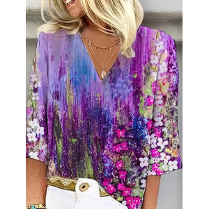Women Floral Three Quarter Sleeve Blouse Spring/Fall Printing V Neck Daily Casual Top