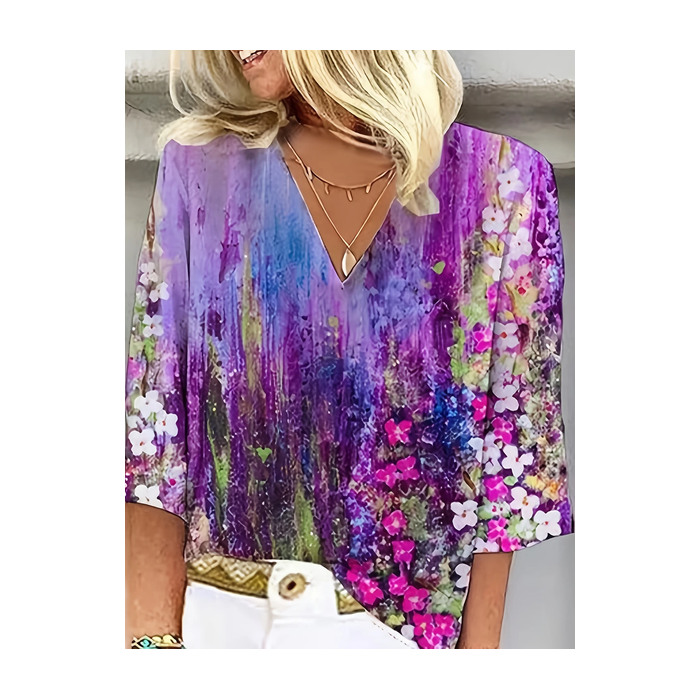 Women Floral Three Quarter Sleeve Blouse Spring/Fall Printing V Neck Daily Casual Top