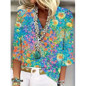 Women Floral Three Quarter Sleeve Blouse Spring/Fall Printing V Neck Daily Casual Top