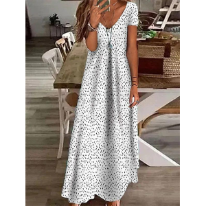 Women Polka Dots Short Sleeve Summer Printing Dress V Neck Daily Casual Maxi X-Line Dress