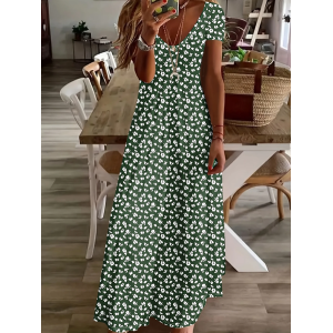 Women Floral Short Sleeve Summer Printing Dress V Neck Daily Casual Maxi X-Line Dress