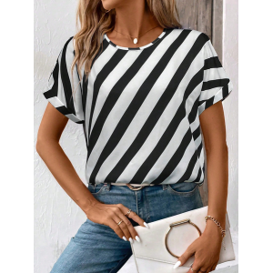 Women Striped Short Sleeve Tee T-shirt Crew Neck Printing Casual Summer Graphic Tee Top