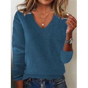 Women's Spring/Fall Plain Casual Long Sleeve V Neck Yarn/Wool Yarn Sweater
