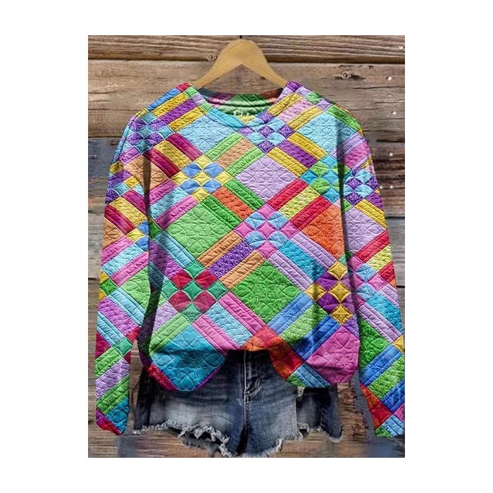 Women's Colorful Checkered Print Casual Long Sleeve Crew Neck Sweatshirt