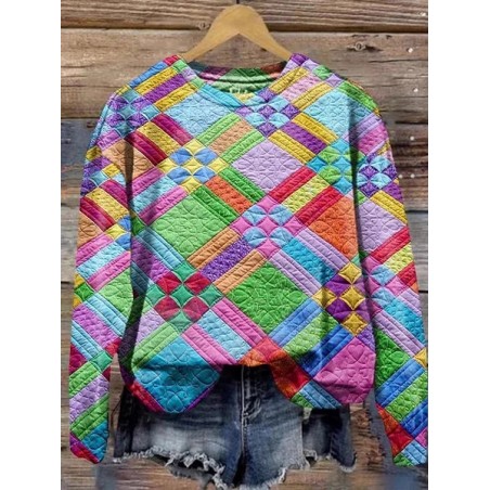 Women's Colorful Checkered Print Casual Long Sleeve Crew Neck Sweatshirt