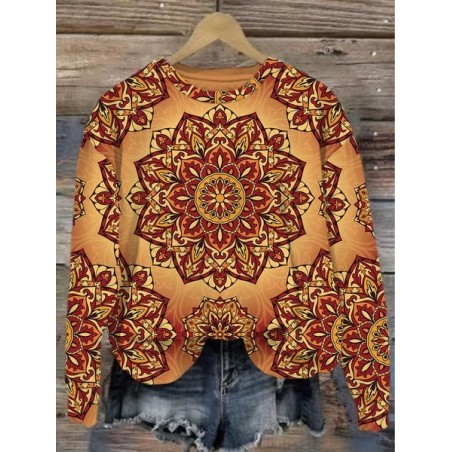 Women's Crew Neck Ethnic Casual Spring/Fall Long Sleeve Sweatshirt