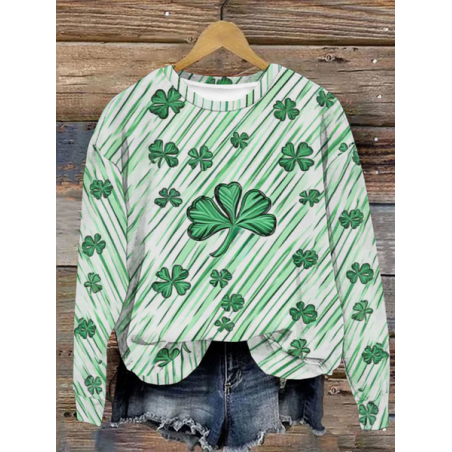 Women's St Patricks Day Four-leaf Clover Print Casual Crew Neck Floral Sweatshirt
