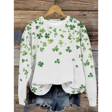 Women's St Patricks Day Shamrock Print Casual Long Sleeve Crew Neck Floral Sweatshirt