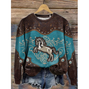 Women's Crew Neck Horse Casual Spring/Fall Long Sleeve Sweatshirt