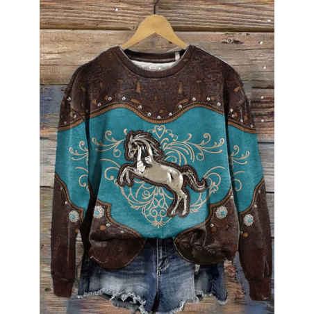 Women's Crew Neck Horse Casual Spring/Fall Long Sleeve Sweatshirt