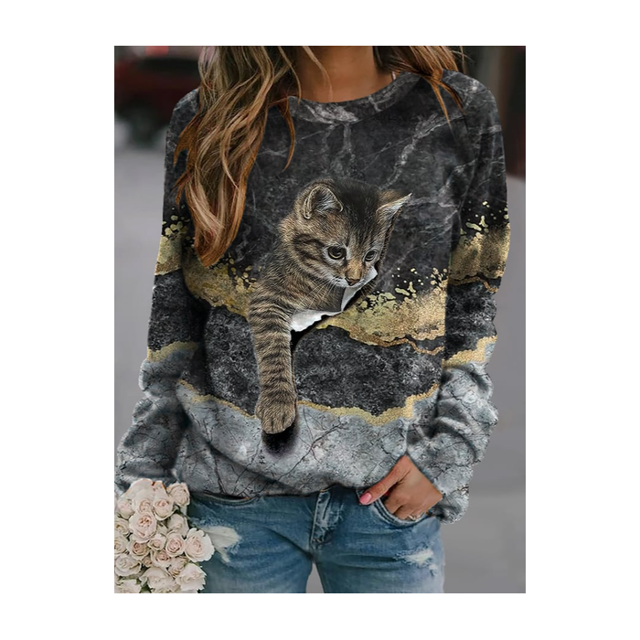 Women's Crew Neck Cat Casual Spring/Fall Long Sleeve Sweatshirt