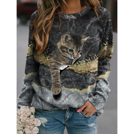 Women's Crew Neck Cat Casual Spring/Fall Long Sleeve Sweatshirt