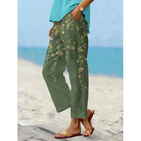 Women's Trousers Straight Pants Daily Going Out Casual Printing Linen Blend Floral Spring/Fall Pants