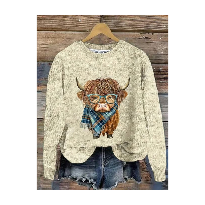 Women's Winter 3D Printing Casual Long Sleeve Crew Neck Knitted Sweater