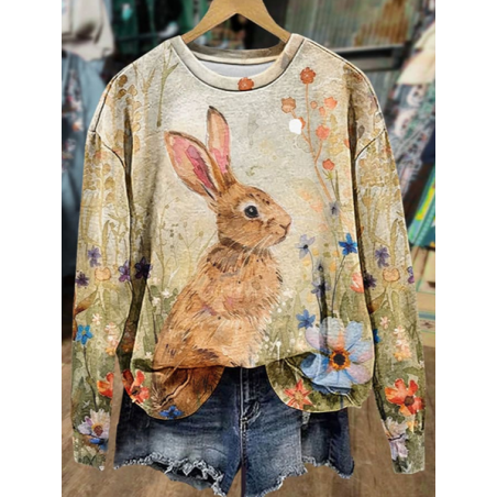 Women's Crew Neck Easter (rabbit) Printing Casual Spring/Fall Long Sleeve Sweatshirt