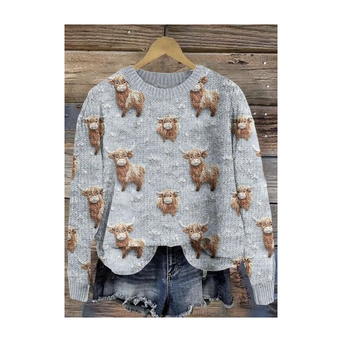 Women's Winter 3D Printing Casual Long Sleeve Crew Neck Knitted Sweater