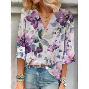 Women Floral Three Quarter Sleeve Blouse Spring/Fall V Neck Daily Casual Top