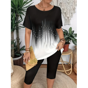 Women Abstract Short Sleeve Tee T-shirt Crew Neck Casual Summer Graphic Tee Top