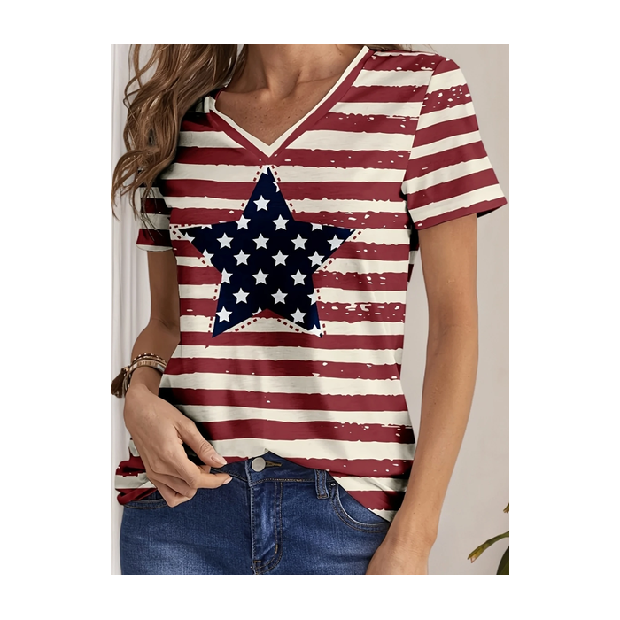 Women Star Short Sleeve Tee T-shirt V Neck Printing Casual Summer Graphic Tee Top