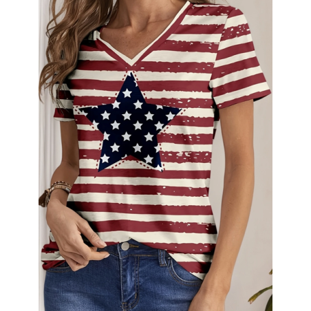 Women Star Short Sleeve Tee T-shirt V Neck Printing Casual Summer Graphic Tee Top