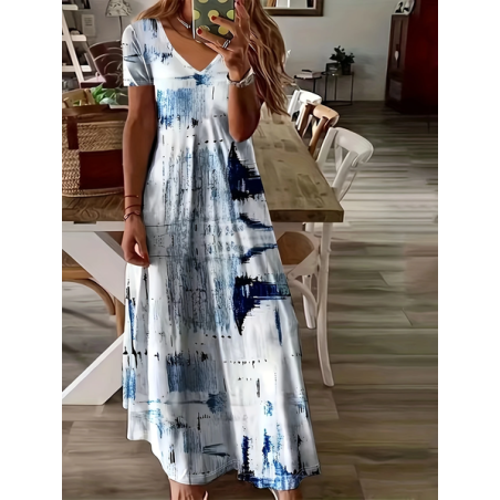 Women Abstract Short Sleeve Summer Printing Dress V Neck Daily Casual Maxi X-Line Dress