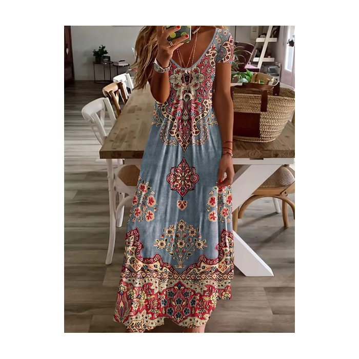 Women Floral Short Sleeve Summer Printing Dress V Neck Daily Casual Maxi X-Line Dress