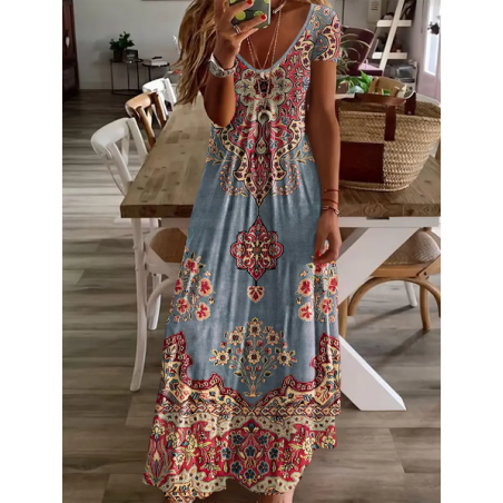 Women Floral Short Sleeve Summer Printing Dress V Neck Daily Casual Maxi X-Line Dress