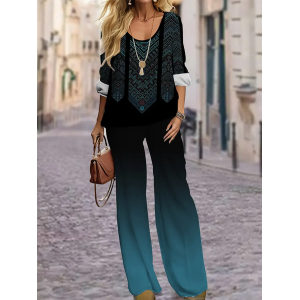 Women Geometric Printing Two-Piece Set Daily Long Sleeve Casual Spring/Fall Top With Pants Matching Set
