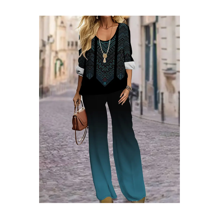 Women Geometric Printing Two-Piece Set Daily Long Sleeve Casual Spring/Fall Top With Pants Matching Set